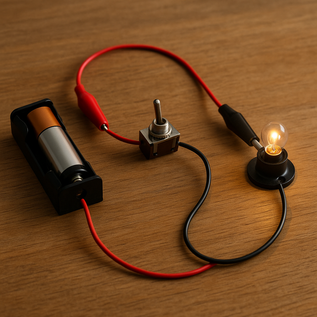 Een eenvoudige stroomkring: batterij, schakelaar en een brandend lampje, verbonden met draden