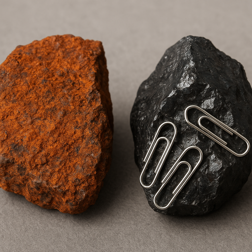 Roest (ijzeroxide, links) en magnetiet (magneetijzersteen, rechts): twee heel verschillende stoffen door een klein verschil in samenstelling